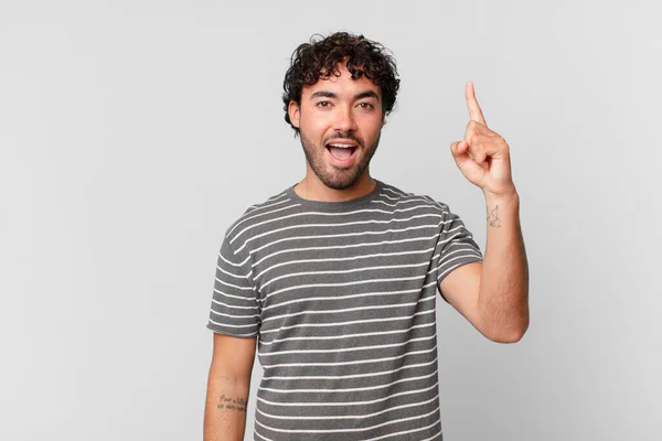 Hispanic Handsome Man Feeling Happy Excited Genius Realizing Idea Cheerfully — Stock Photo, Image