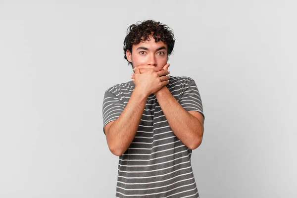 Hispanic Handsome Man Covering Mouth Hands Shocked Surprised Expression Keeping — Stock Photo, Image