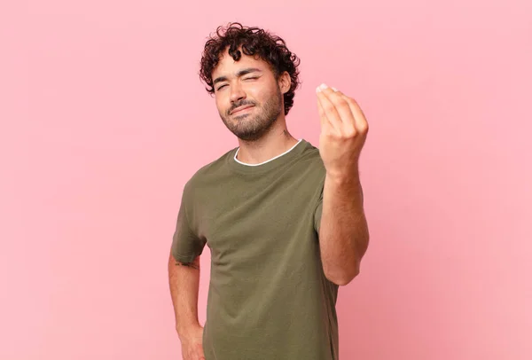 Hombre Guapo Hispano Haciendo Capice Gesto Dinero Diciéndote Que Pagues —  Fotos de Stock