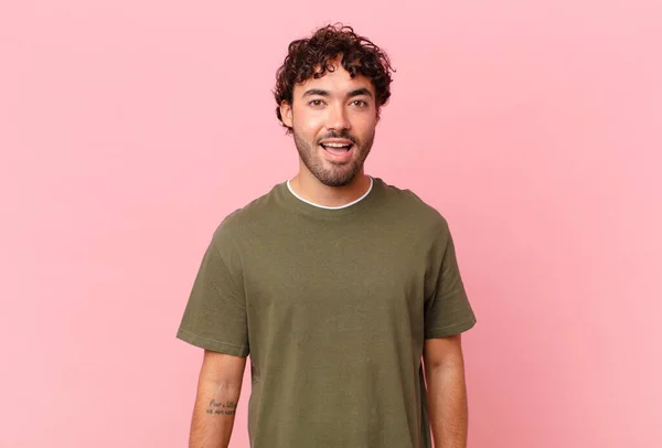 Hispanic Handsome Man Looking Happy Pleasantly Surprised Excited Fascinated Shocked — Stock Photo, Image