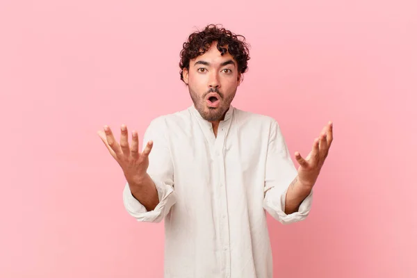 Hispanic Handsome Man Feeling Extremely Shocked Surprised Anxious Panicking Stressed — Stock Photo, Image