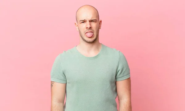 Bald Man Feeling Disgusted Irritated Sticking Tongue Out Disliking Something — Stock Photo, Image