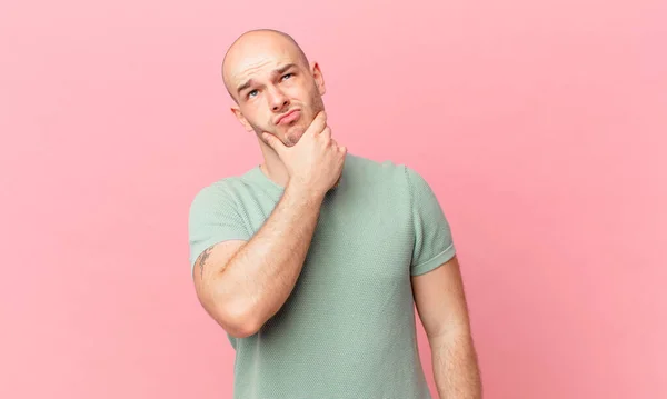 Bald Man Thinking Feeling Doubtful Confused Different Options Wondering Which — Stock Photo, Image