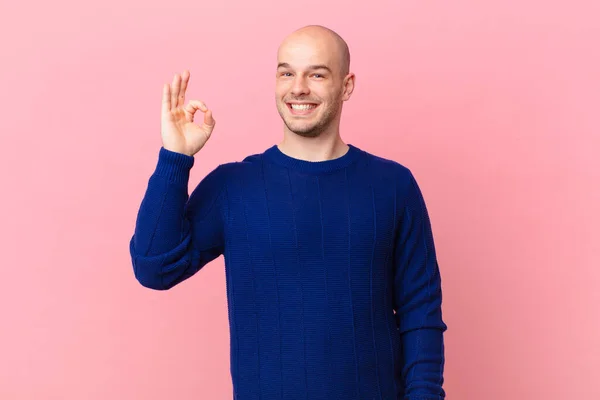 Bald Man Feeling Happy Relaxed Satisfied Showing Approval Okay Gesture — Stock Photo, Image