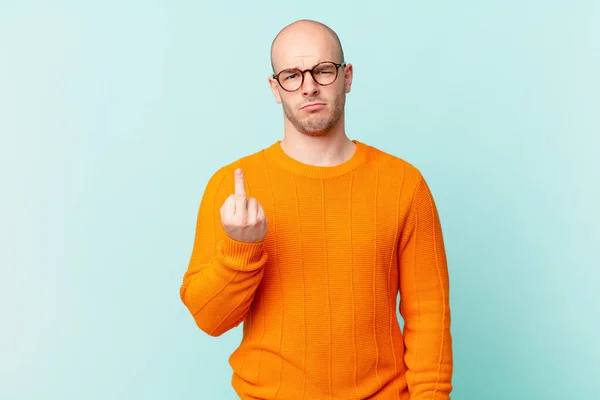 Bald Man Feeling Angry Annoyed Rebellious Aggressive Flipping Middle Finger — Stock Photo, Image