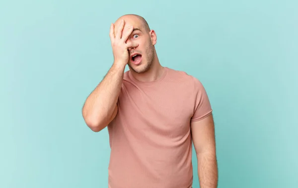 Bald Man Looking Shocked Scared Terrified Covering Face Hand Peeking — Stock Photo, Image