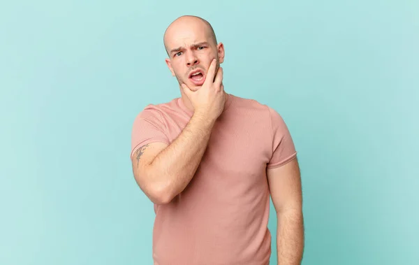 Bald Man Mouth Eyes Wide Open Hand Chin Feeling Unpleasantly — Stock Photo, Image