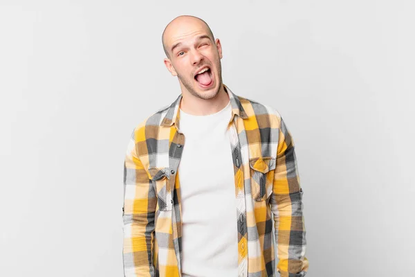 Bald Man Cheerful Carefree Rebellious Attitude Joking Sticking Tongue Out — Stock Photo, Image