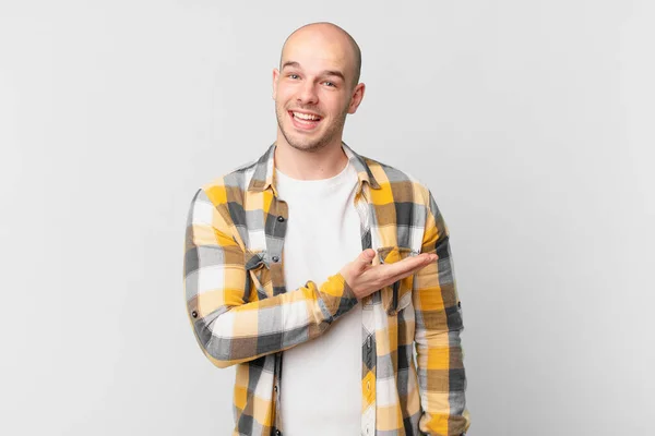Bald Man Smiling Cheerfully Feeling Happy Showing Concept Copy Space — Stock Photo, Image