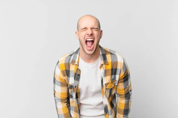 Bald Man Shouting Aggressively Looking Very Angry Frustrated Outraged Annoyed — Stock Photo, Image