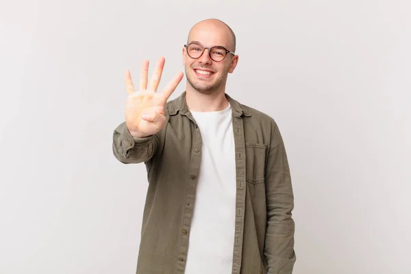 Bald Man Smiling Looking Friendly Showing Number Four Fourth Hand — Stock Photo, Image