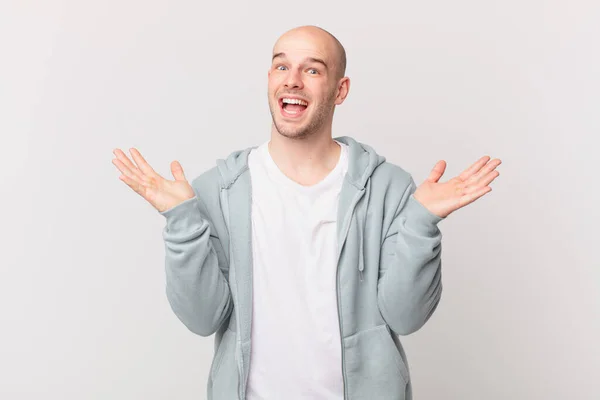 Bald Man Feeling Happy Excited Surprised Shocked Smiling Astonished Something — Stock Photo, Image