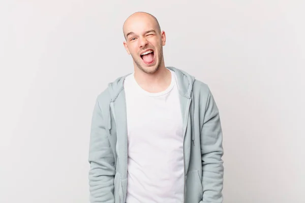 Bald Man Cheerful Carefree Rebellious Attitude Joking Sticking Tongue Out — Stock Photo, Image