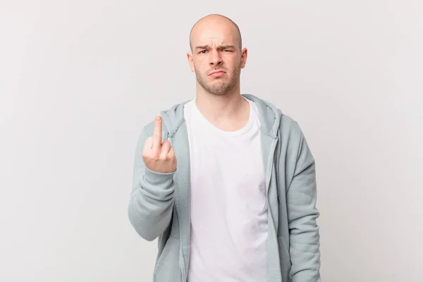 Bald Man Feeling Angry Annoyed Rebellious Aggressive Flipping Middle Finger — Stock Photo, Image