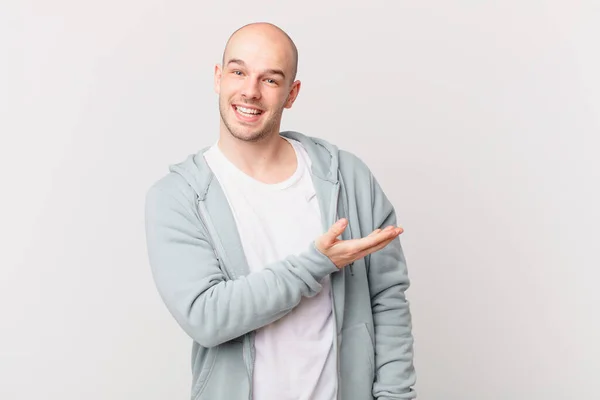 Bald Man Smiling Cheerfully Feeling Happy Showing Concept Copy Space — Stock Photo, Image