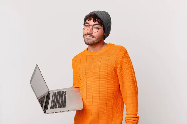 Nerd Man Computer Looking Puzzled Confused Biting Lip Nervous Gesture — Stock Photo, Image