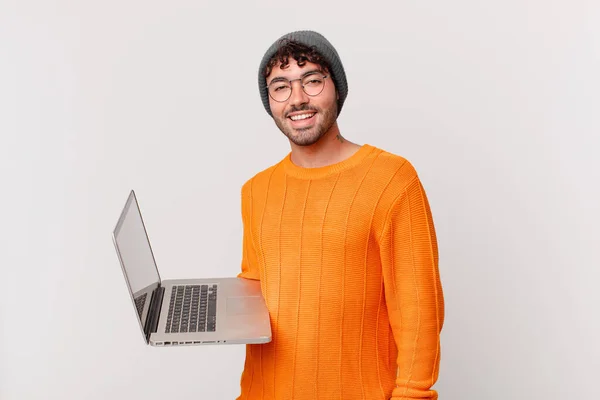 Nerd Man Computer Looking Happy Pleasantly Surprised Excited Fascinated Shocked — Foto Stock