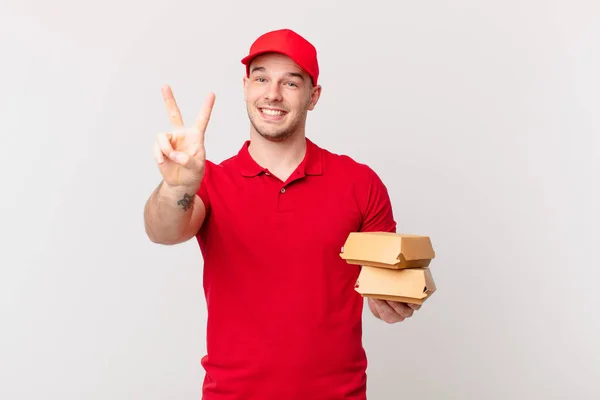 Smiling Looking Happy Carefree Positive Gesturing Victory Peace One Hand — Stock Photo, Image