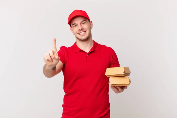 Smiling Looking Friendly Showing Number One First Hand Forward Counting — Stock Photo, Image