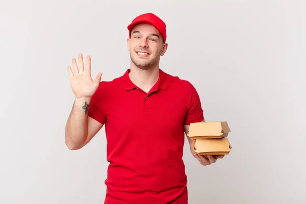 Sonriendo Alegre Alegremente Saludándote Con Mano Dándote Bienvenida Saludándote Despidiéndote — Foto de Stock