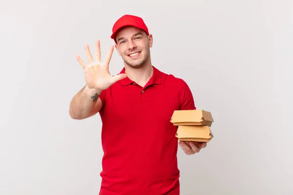 Smiling Looking Friendly Showing Number Five Fifth Hand Forward Counting — Stock Photo, Image