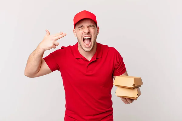 Looking Unhappy Stressed Suicide Gesture Making Gun Sign Hand Pointing — Stock Photo, Image