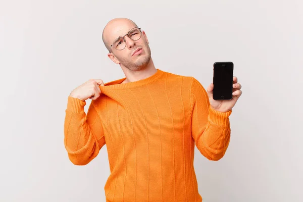Bald Man Smartphone Feeling Stressed Anxious Tired Frustrated Pulling Shirt — Stock Photo, Image