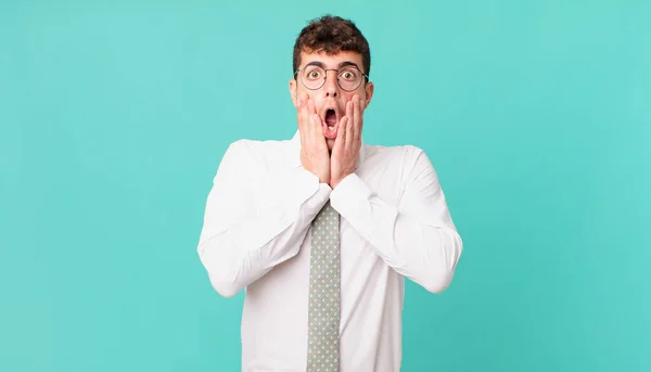 Young Businessman Feeling Shocked Scared Looking Terrified Open Mouth Hands — Stock Photo, Image