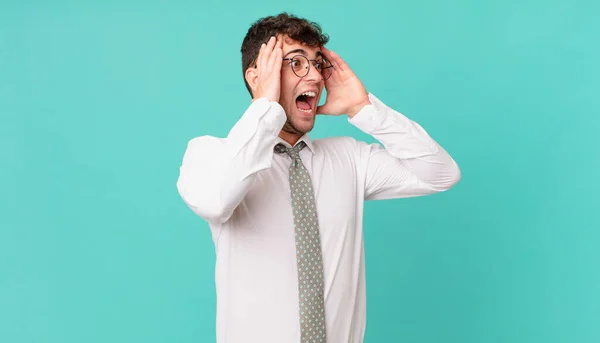 Young Businessman Feeling Happy Excited Surprised Looking Side Both Hands — Stock Photo, Image