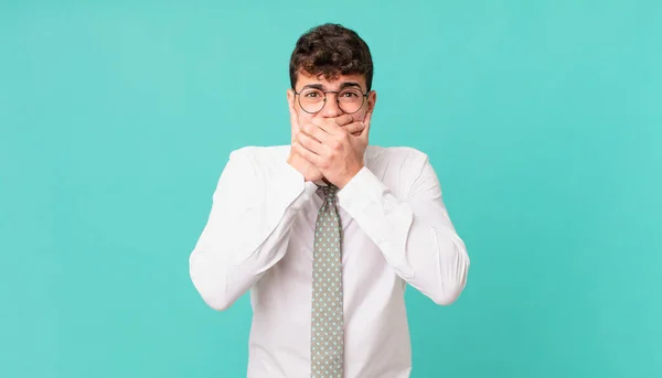 Young Businessman Covering Mouth Hands Shocked Surprised Expression Keeping Secret — Stock Photo, Image