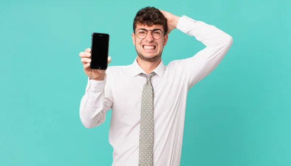 Business Smartphone Feeling Stressed Worried Anxious Scared Hands Head Panicking — Stock Photo, Image