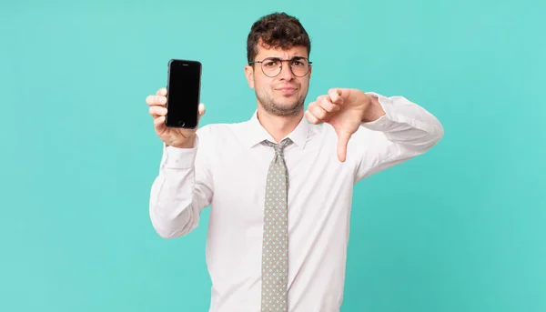 Negocio Con Teléfono Inteligente Sintiendo Cruz Enojado Molesto Decepcionado Disgustado — Foto de Stock