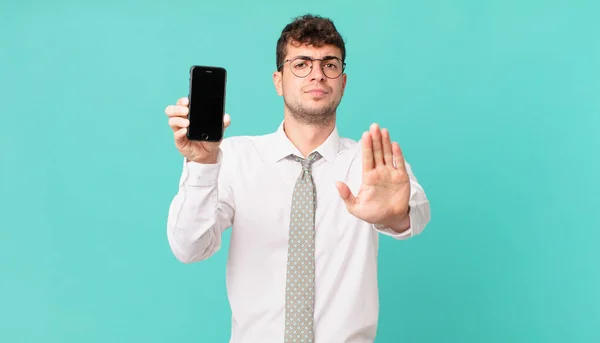 Business Smartphone Looking Serious Stern Displeased Angry Showing Open Palm — Stock Photo, Image