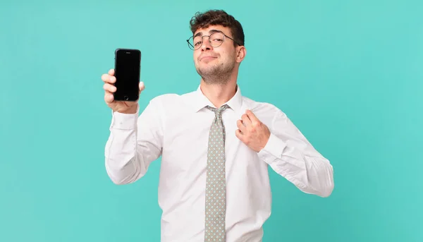 Business Smartphone Looking Arrogant Successful Positive Proud Pointing Self — Stock Photo, Image