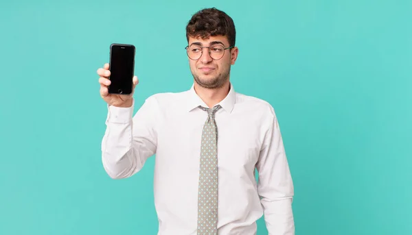 Negocios Con Smartphone Sintiéndose Triste Molesto Enojado Mirando Hacia Lado —  Fotos de Stock