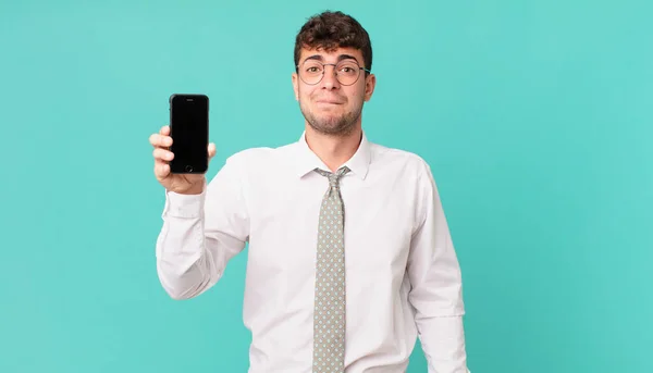 Business Smartphone Looking Puzzled Confused Biting Lip Nervous Gesture Knowing — Stock Photo, Image