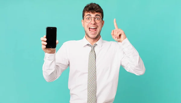 Negócio Com Sentimento Smartphone Como Gênio Feliz Animado Depois Perceber — Fotografia de Stock
