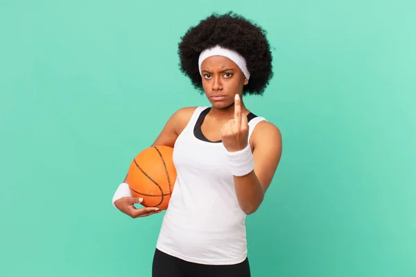 Afro Woman Feeling Angry Annoyed Rebellious Aggressive Flipping Middle Finger — Stock Photo, Image