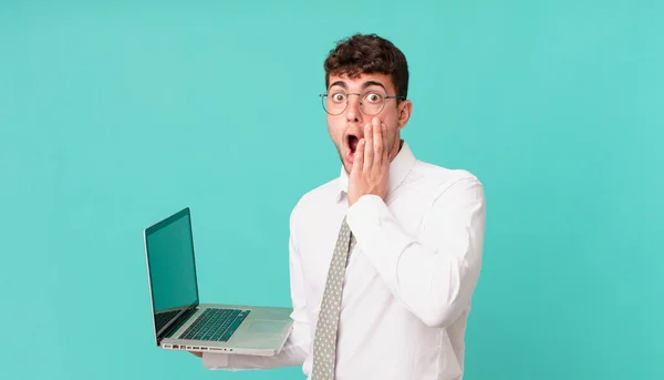 Businessman Laptop Feeling Shocked Scared Looking Terrified Open Mouth Hands — Stock Photo, Image