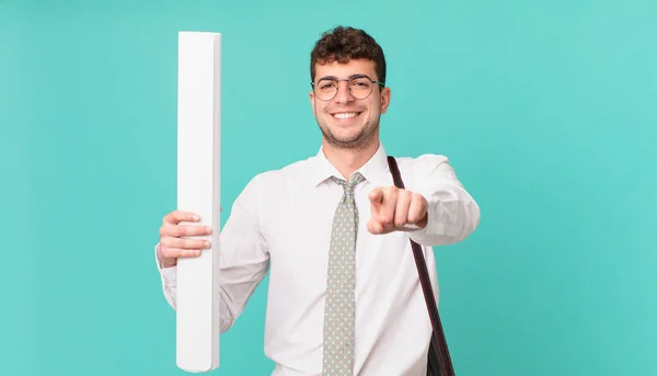 Architect Pointing Camera Satisfied Confident Friendly Smile Choosing You — Stock Photo, Image