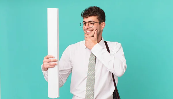 Architect Smiling Happy Confident Expression Hand Chin Wondering Looking Side — Stock Photo, Image