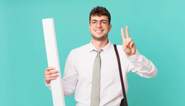 Architect Smiling Looking Friendly Showing Number Two Second Hand Forward — Stock Photo, Image