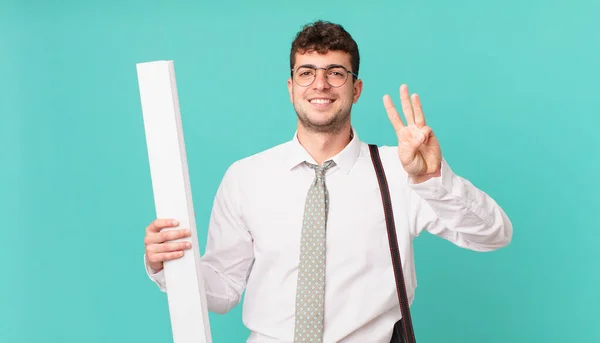 Architect Smiling Looking Friendly Showing Number Three Third Hand Forward — Stock Photo, Image