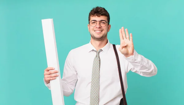 Architect Smiling Looking Friendly Showing Number Four Fourth Hand Forward — Stock Photo, Image