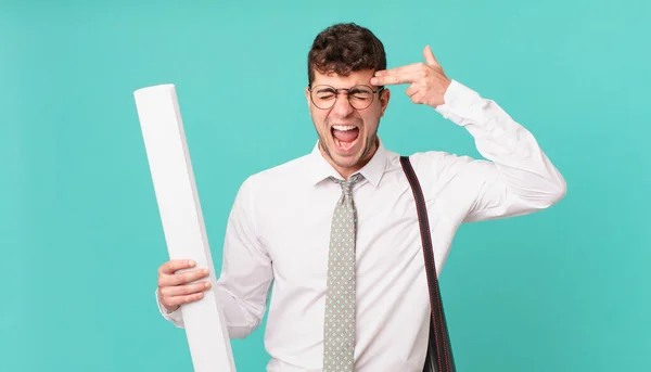 Architect Looking Unhappy Stressed Suicide Gesture Making Gun Sign Hand — Stock Photo, Image