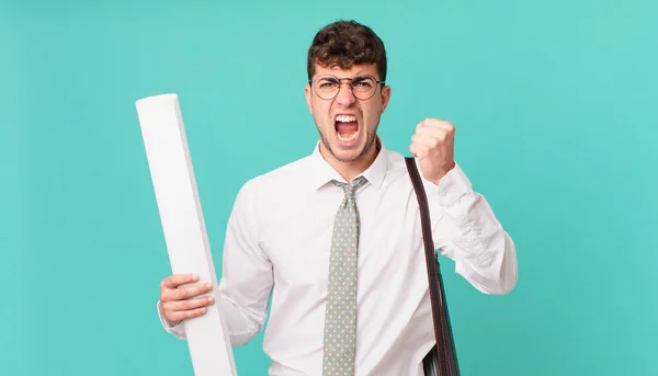 Architect Shouting Aggressively Angry Expression Fists Clenched Celebrating Success — Stock Photo, Image