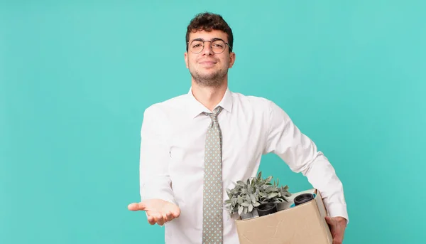 Businessman Smiling Happily Friendly Confident Positive Look Offering Showing Object — Stock Photo, Image