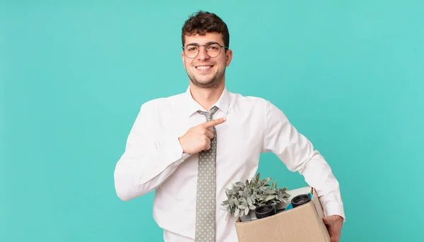 Businessman Smiling Cheerfully Feeling Happy Pointing Side Upwards Showing Object — Stock Photo, Image