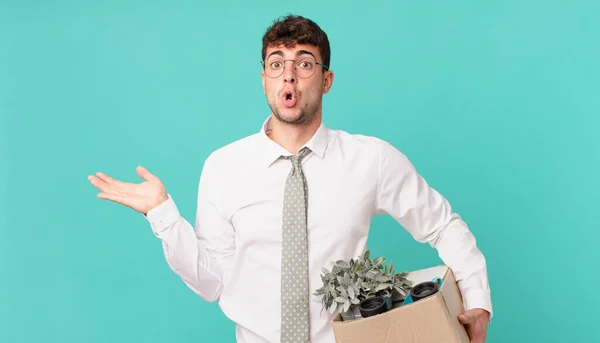 Businessman Looking Surprised Shocked Jaw Dropped Holding Object Open Hand — Stock Photo, Image