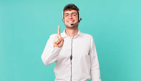 Telemarketer Smiling Proudly Confidently Making Number One Pose Triumphantly Feeling — Stock Photo, Image